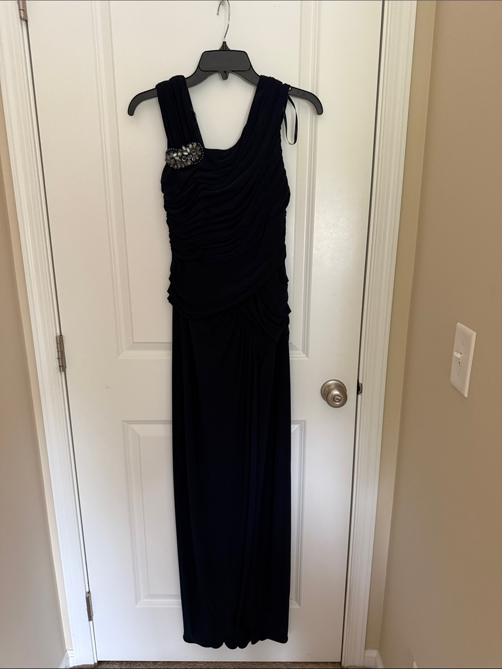 Adrianna Papell Navy Blue Ruched Evening Gown with Jewel Accent